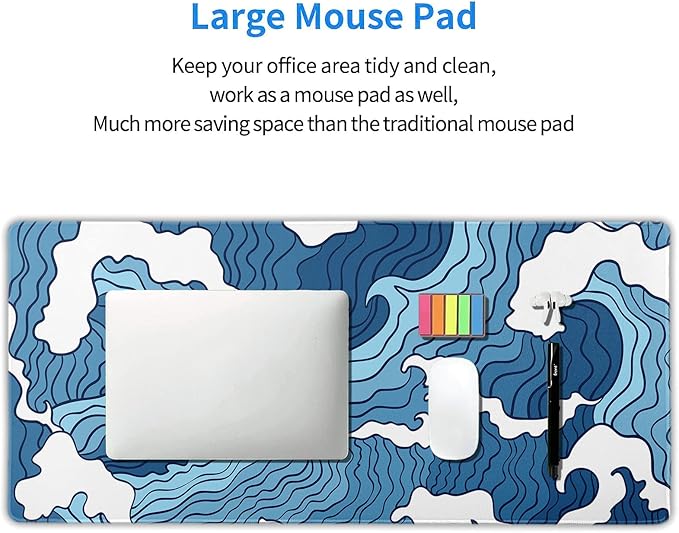 Japanese Blue and White Wave Gaming Mouse Pad XXL Anime Sea Texture Extended Large Desk Mat Big Mousepad Non-Slip Rubber Base Stitched Edge Long Mousepad for Desktop PC Computer Gamer, 35.4 x 15.7 in