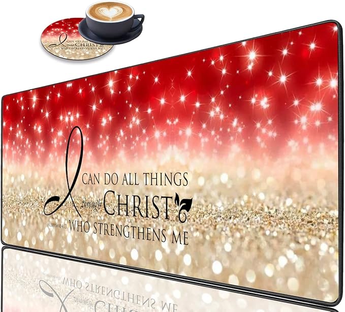 Extended Gaming Mouse Pad with Stitched Edges, Large Anti-Slip Mouse Pad (31.5x11.8 Inches) Desk Pad Keyboard Pad + Coaster for Work/Gamer/Home, Bible Verse Pink Philippians 4-13