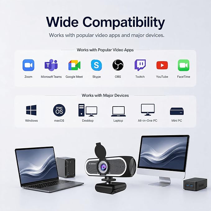 C65 4K Webcam for PC with Autofocus, USB Webcam with Dual Noise-Reducing Mic, Auto White Balance, Low Light Correction, Privacy Shutter, Tripod Included, Streaming Camera for Laptop Desktop Zoom Teams