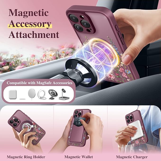 GVIEWIN for iPhone 16 Pro Case Compatible with MagSafe, [Military Grade Protection] [Screen Protector] Full Camera Protection Floral Translucent Women Magnetic Phone Case, Wild Petals/Red