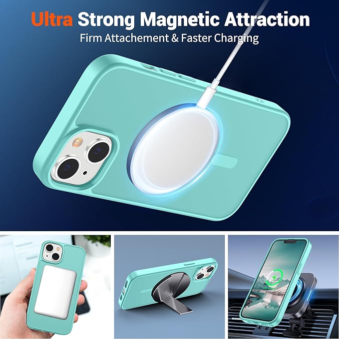 SUPFINE Magnetic for iPhone 15 Plus Case & iPhone 14 Plus Case(Compatible with MagSafe)(Military Grade Drop Protection) Slim Translucent Shockproof with Anti-Fingerprint Phone Case,Blue Green