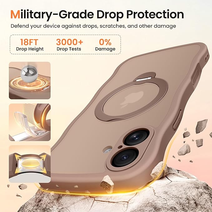 CAPRARO for iPhone 16 Plus Case with 360° Spin Magnetic Stand for Women, [Compatible with MagSafe] [Full Camera Protection] Cute Wave Translucent Matte Case for iPhone 16 Plus, Brown