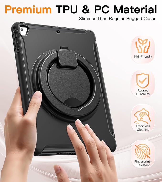 BATYUE Case for iPad 6th Generation 9.7 inch 2018, iPad 5th Gen 2017, iPad Air 2/ iPad Pro 9.7'' Shockproof Protective Cover with Pencil Holder &Rotating Kickstand for Kids,Boys,Girls, Black