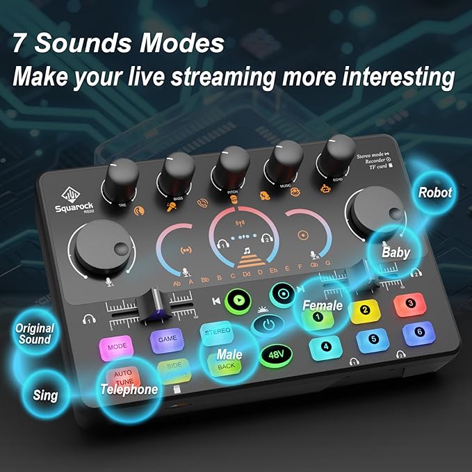 Podcast Equipment Bundle, Mixer with 48V XLR Condenser Microphone, TF card,5RGB,Surround Sound,Suitable for Streaming/TikTok/YouTube, Compatible with Mobile Phones, PC,Camera RS2