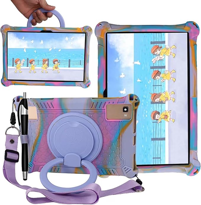 Tablet Case for TCL Tab 10 5G 10.1 Inch/TCL Tab 10S 9081X/9080G,Soft Anti-Stress Silicone Case with Rotate Stand/Pencil Holder/Shoulder Strap/Pen for TCL Tab 10.1 Inch (Colorful Purple)
