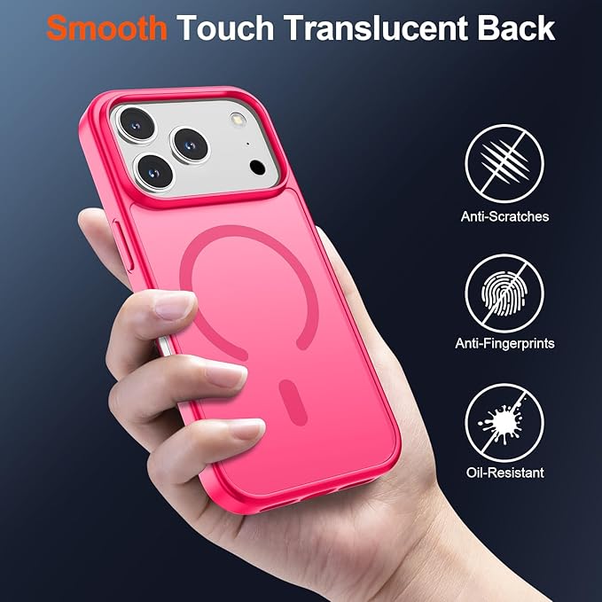 SUPFINE Magnetic for iPhone 17 Pro Case (Compatible with MagSafe)(Military Grade Drop Protection) Translucent Matte Shockproof with Anti-Fingerprint Phone Cover 2025,Hot Pink