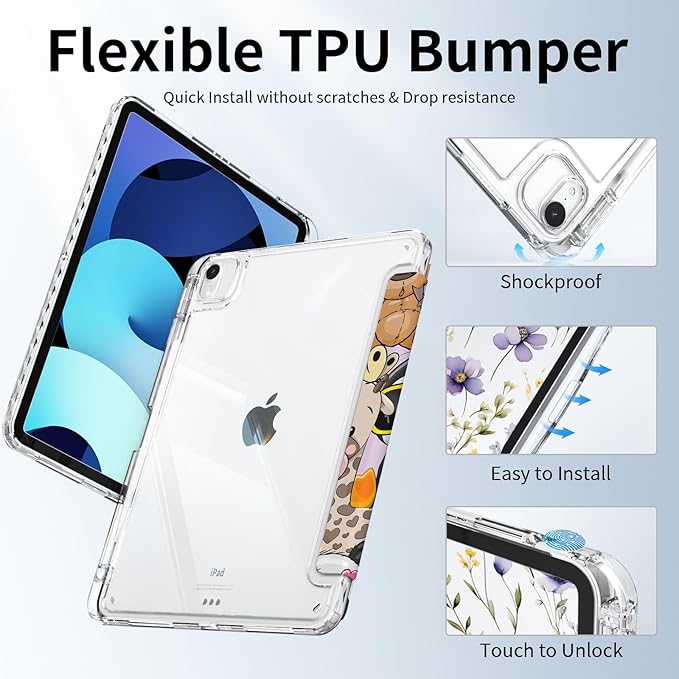 Trifold Case for ipad Air 6th/7th 11 inch M2/M3 2024/2025 with Pencil Holder, ipad Pro 11 4th/3rd/2nd/1st Gen, ipad Air 5th/4th Gen 10.9 Cover, Shockproof Clear Back Cover, Cute Animals