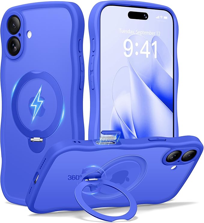 CAPRARO for iPhone 16 Plus Case with 360° Spin Magnetic Stand for Women, [Compatible with MagSafe] [Full Camera Protection] Cute Wave Translucent Matte Case for iPhone 16 Plus, Ultramarine
