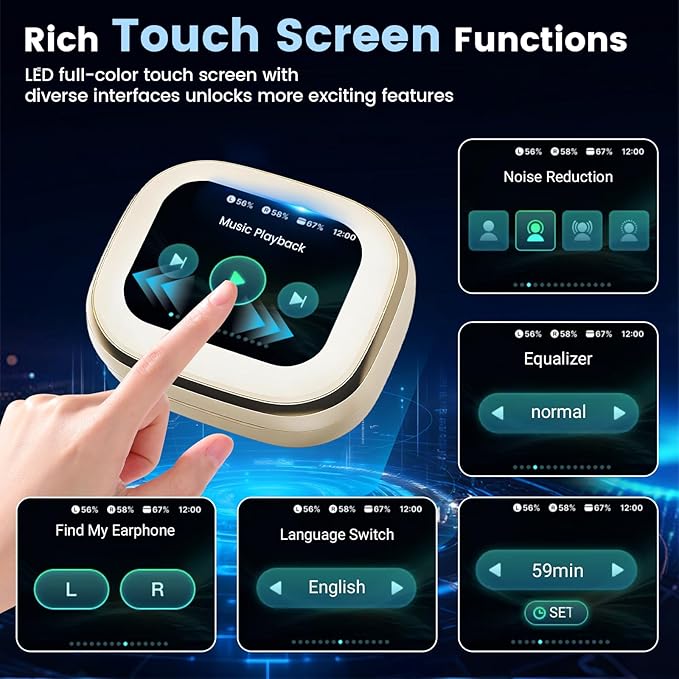 Wireless Earbuds with Smart Touch Screen Bluetooth in-Ear Headphones ANC Noise Cancelling Clear Calls 60H Playtime IPX5 Waterproof Earbuds for Sports Gym Work Travel