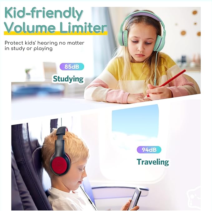 EarFun Kids Headphones Wired with Microphone, 85/94dB Volume Limit Headphones for Kids, Portable Wired Headphone with Shareport, Stereo Sound Foldable Headset for School/Tablet/iPad, Green Violet