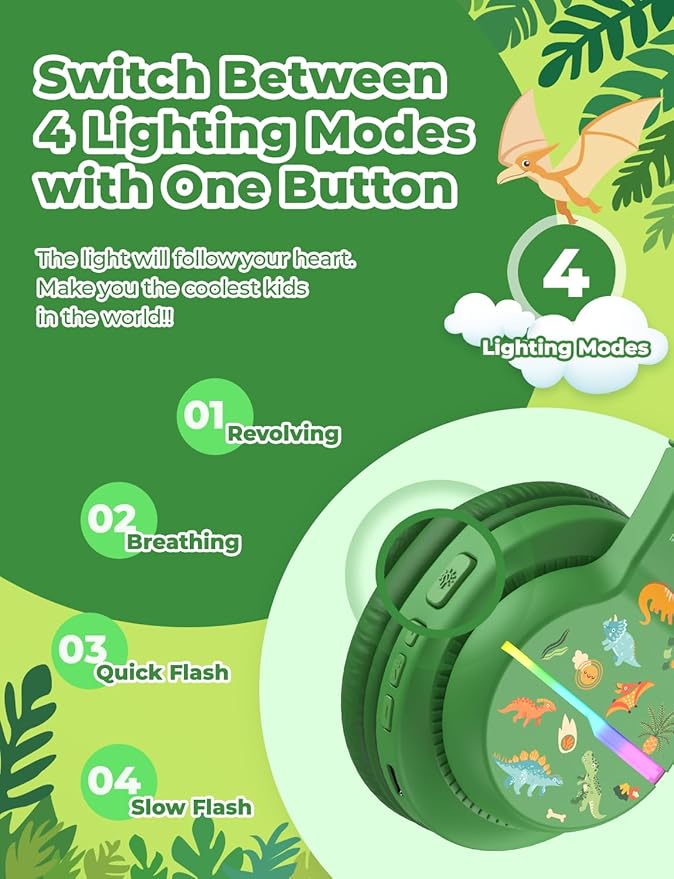 iClever BTH12 Kids Bluetooth Headphones,Colorful LED Lights Wireless Kids Headphones,74/85dBA Safe Volume,85H Playtime,Bluetooth 5.2,Over Ear Dinosaur Headphone Built-in Mic for iPad/Tablet/Airplane