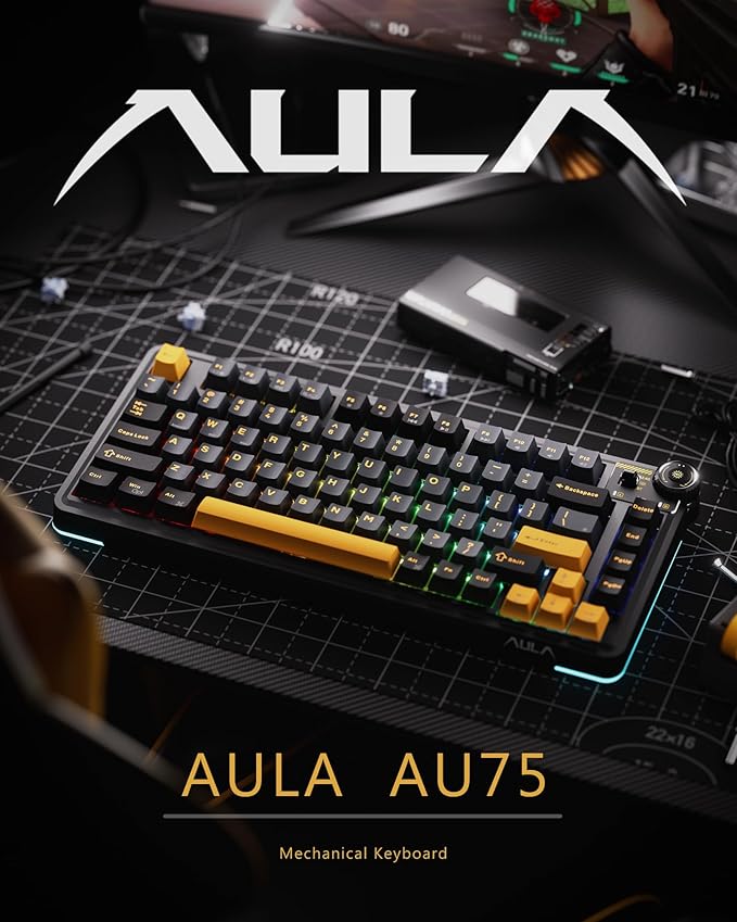 AU75 Wireless Mechanical Keyboard, x Aula 75% Hot-Swappable RGB Gaming Keyboard with Multi-Device Connectivity, Customizable LED Backlit, Knob Control, PBT Keycaps for Windows, Mac, PC, Tablet