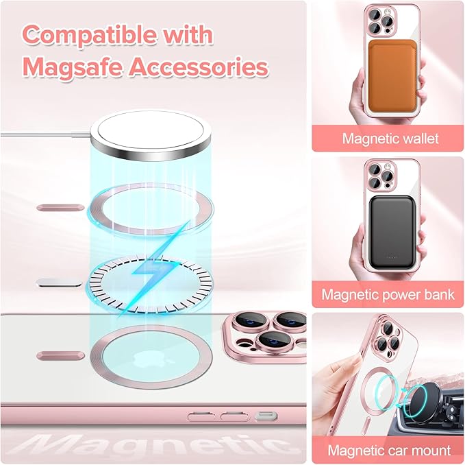 Hython Magnetic Clear for iPhone 12 Pro Max Case with Camera Lens Protector [Compatible with MagSafe] Plating Edge Slim Soft TPU Cover Protective Phone Case for iPhone 12 Pro Max 6.7", Matte Pink