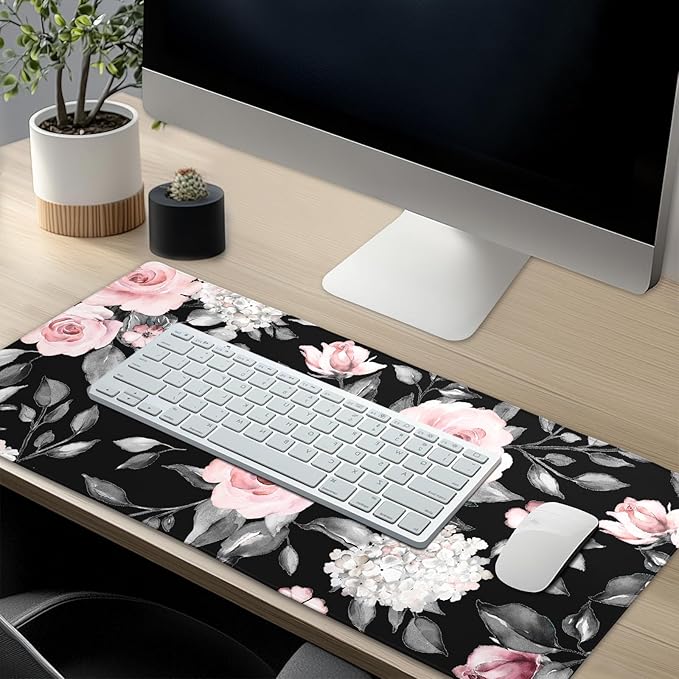 Floral Extended Gaming Mouse Pad Non-Slip Rubber Base Black Large Mousepad 35.4×15.7in with Stitched Edge Waterproof Pink Peony Flowers Pads Computer Black Desk Laptop Mats for Work Game/Office Home