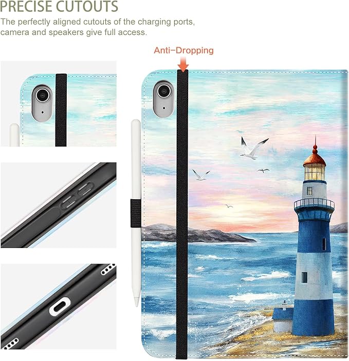 for iPad (A16) 11Th/10Th Generation Case 2025/2022, for iPad Case 11Th/10Th Generation, iPad11Th Gen Cover Pencil Holder/Hand Strap/Pocket/Screensaver Elastic Band, Blue Lighthouse Seagull