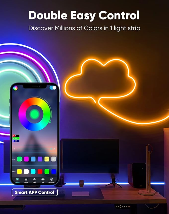 Shine Decor 24V Neon Rope Lights Smart APP Control Music Sync, 32.8FT/10M RGB Neon LED Strip Lighting for Indoor Outdoor Bedroom Gaming Light, Color Changing Dimmable Flexible IP65 Waterproof