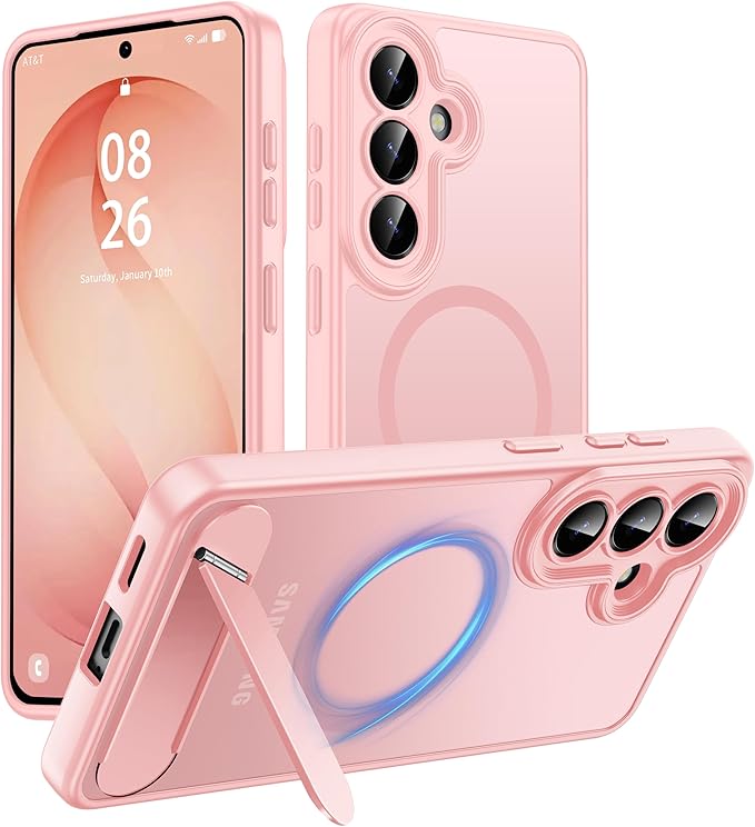 Magnetic for Samsung Galaxy S26 Case, [Compatible with MagSafe][Full Camera Protection][Built-in Invisible Kickstand] Translucent Matte Phone Case for S26 6.3" - Pink