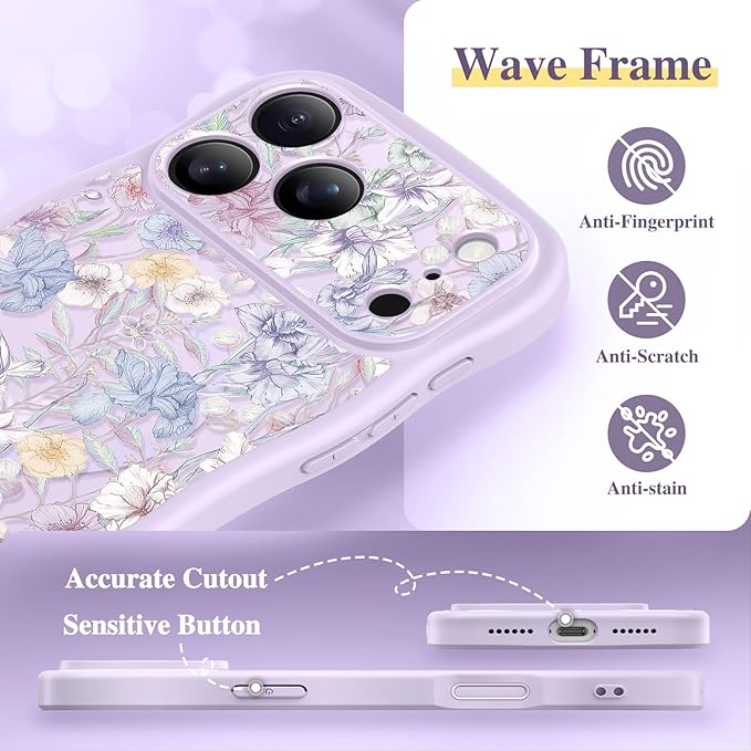 GVIEWIN for iPhone 17 Pro Max Case Compatible with MagSafe [Curly Wave Edge][Full Camera Protection] Floral Translucent Shockproof Magnetic Women Phone Case for 17 Pro Max, Apricot Blossom/Purple
