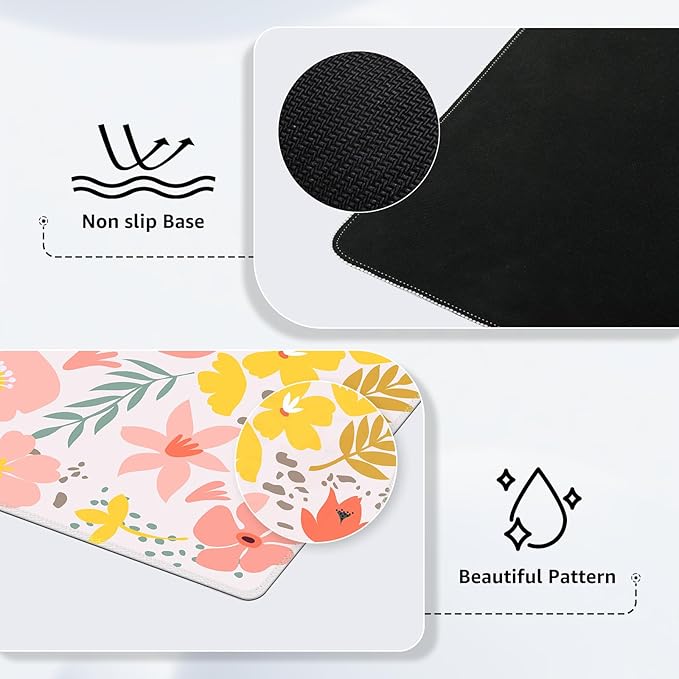 iCasso Desk Matt for Desktop, Cute Desk Pad Mat, XXL Large Mouse Pad, Anti-Slip Big Mousepad with Stitched Edges, Keyboard Pad Mouse Mat for Computer, Work, Gaming (Flowers Leaves)