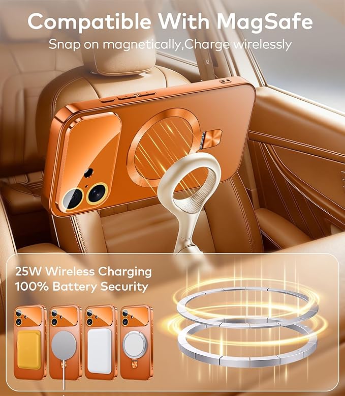 TOBOVON Magnetic for iPhone 17 Case with Ring Stand, Fits MagSafe, with Built-in Camera Lens Protector, Slim Electroplated Shockproof Phone Cover, Orange