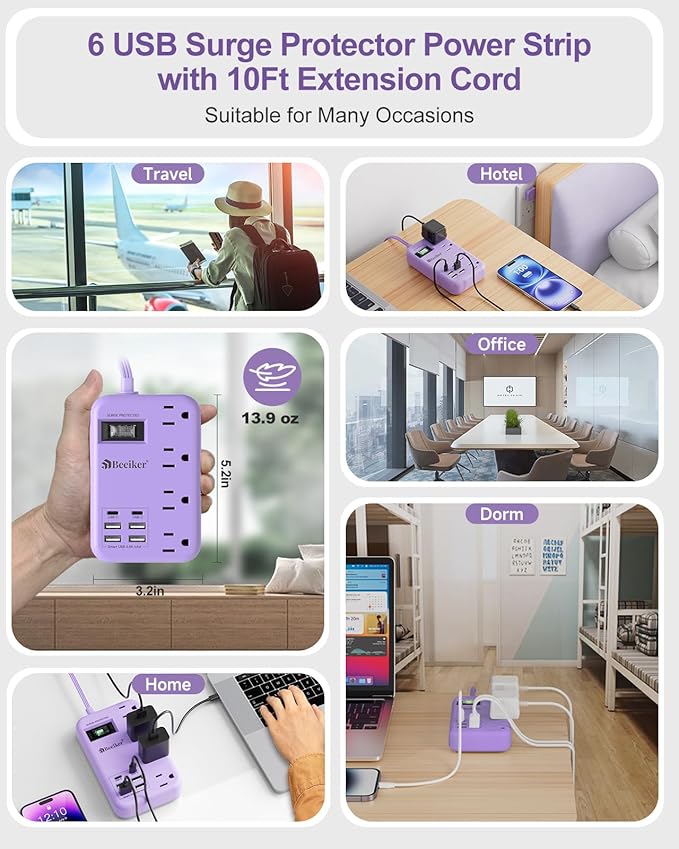Beeiker 6 USB(2 USB C) Purple Surge Protector Power Strip- 10 Ft Purple Extension Cord with 24W USB Charging Station and 4 Outlets, Pink Desk Accessories for Cute Kawaii Lavender Travel Dorm Room