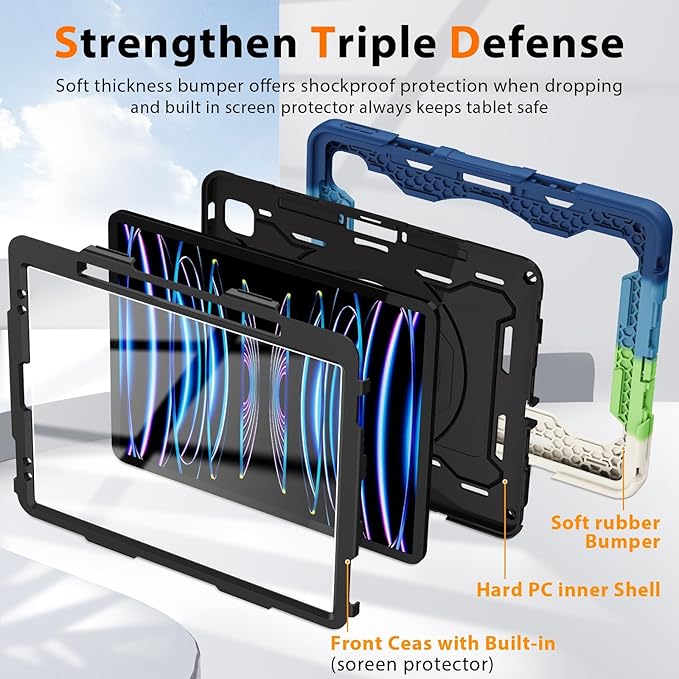 ROISKIN for iPad Pro 12.9 -Inch Case (6th, 5th, 4th & 3rd Gen)with HD Screen Protector, 360 Stand, Handle, Pencil Holder,Shoulder Strap[15ft Drop Protection]Rugged Bulky Full Body 12.9 iPad Pro Case