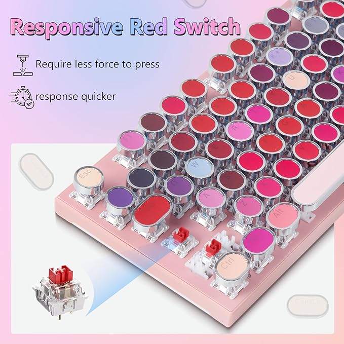 HUO JI Typewriter Mechanical Gaming Keyboard with RGB Sidelit and Purple LED Backlit, Retro Style, Red Switches, Metal Panel, Lipstick 104 Keys for Mac, PC, Cute Pink