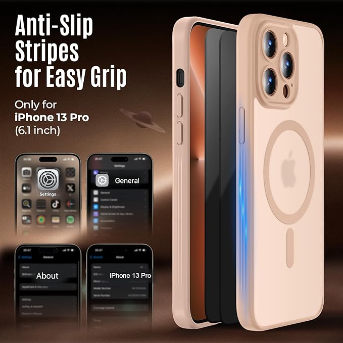 Symcele Designed for iPhone 13 Pro Case, Compatible with MagSafe, with Privacy Screen Protectors X2, [Camera Protection] [15FT Military Drop Protection] Shockproof Phone Case, 6.1", Light Brown