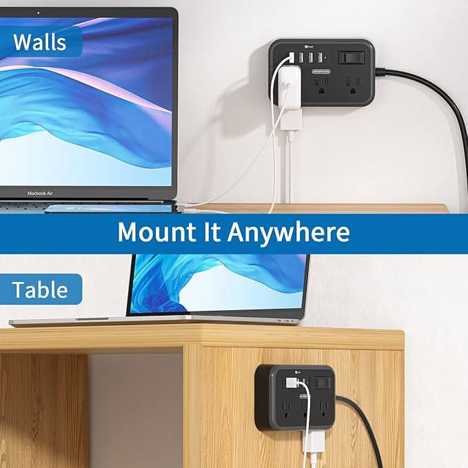 2 Pack Power Strip with 6 Outlets(2 Side) and 4 USB, NTONPOWER Flat Plug Extension Cord 5 Ft, Overload Protection, Wall Mount, Compact Size Charging Station for Office Desk, Nightstand and Travel