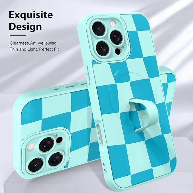 KANGHAR Compatible with iPhone 16 Pro Case, Support for MagSafe, Silicone Checkered Cute Pattern, Wristband Kickstand Camera Protection Soft Slim Cover for Girls Women -Blue