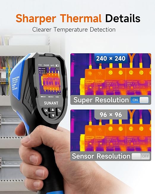 SUNANT Infrared Thermal Imaging Camera, 240x240 TISR Resolution, 25Hz Refresh Rate, -4°F to 1022°F, Adjustable Emissivity, Hot/Cold Spot Detection, LED Light for HVAC, Electrical & Home Inspection