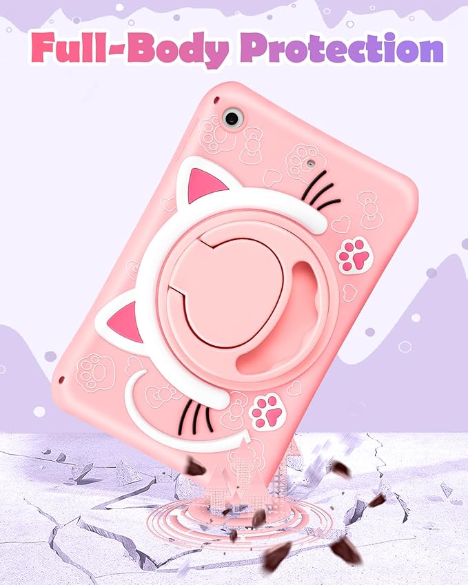 Wazzasoft for iPad 9th/8th/7th Generation Case 10.2 Inch Cute Girls Kawaii Cover Girly 3D Cat Cartoon Women with Rotating Handle Stand & Strap Soft Silicone Funda for Apple iPad Cases 9th/8th/7th Gen
