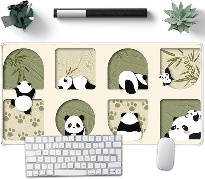 Cute Kawaii Panda Desk Mat Large Beige Mouse Pad XXL Mouse Pad Keyboard Mat, Cute Desk Accessories Office Decor, Extended Mousepad 31.5 X15.7 Non-Slip Rubber Base with Stitched Edges