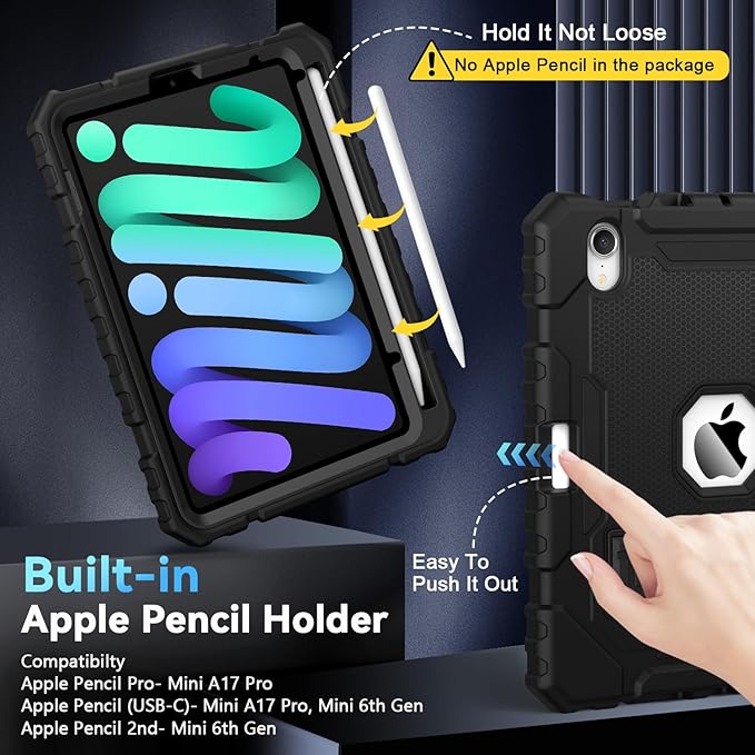 Grifobes Case for iPad mini 7 (A17 Pro) 2024 / Mini 6 2021 8.3 inch, Heavy Duty Shockproof Rugged Cover with Pencil Holder Stand, for I Pad Mini 7th/6th Gen 8.3" Case (Black)