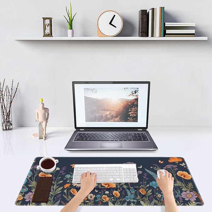 DINKY Desk Mat Keyboard Mouse Pad Set, Large Gaming Mouse Pad +Keyboard Wrist Rest +Mousepad with Wrist Rest +Coaster, Ergonomic Non-Slip 4 in 1 Combo, Flowers Plants Butterflies