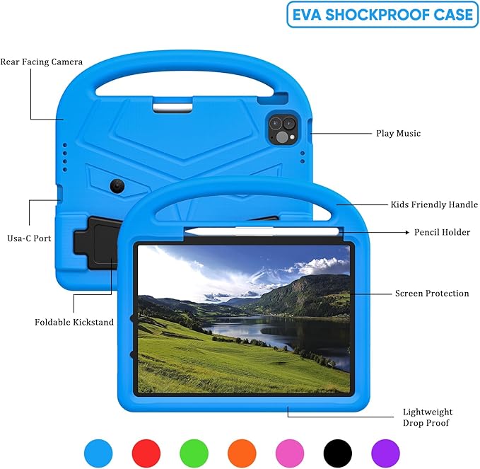 Kids Case for Apple iPad Pro 11 inch M5/M4 Tablet (2025/2024) with Pencil Holder/Handle/Kickstand Slim Lightweight Cute Soft EVA Foam Shockproof Stand Cover for Boys Girls Teens, Blue Bird