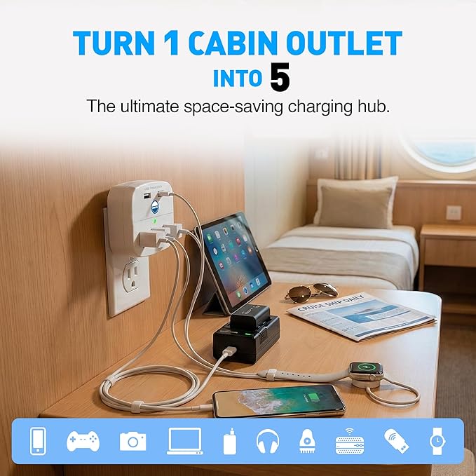 Cruise Approved Power Strip - Non Surge Protector for Cruise Ship with 2 USB Outlets - Cruise Ship Essentials 2026 for Carnival, Princess, Norwegian, Holland America, MSC & Major Cruise Lines (White)