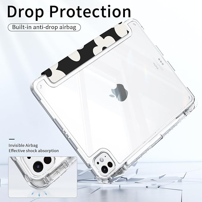 Case for iPad Pro 13 Inch M5 (2025), iPad Pro 13 M4 Chip (2024) Case with Pencil Holder, Stable Trifold Stand, Slim Shockproof Transparent Clear Back Cover, Auto Wake/Sleep, Black Daisy