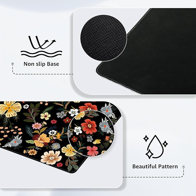 iCasso Desk Matt for Desktop, Cute Desk Pad Mat, XXL Large Mouse Pad, Anti-Slip Big Mousepad with Stitched Edges, Keyboard Pad Mouse Mat for Computer, Work, Gaming (Floral)