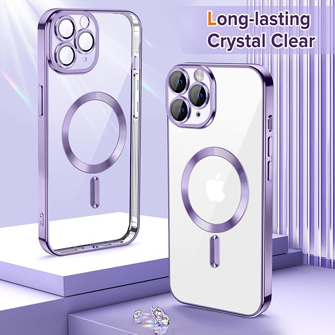 Hython Magnetic Clear for iPhone 11 Pro Max Case with Camera Lens Protector [Compatible with MagSafe] Plating Edge Slim Soft TPU Cover Protective Phone Case for iPhone 11 Pro Max 6.5", Light Purple