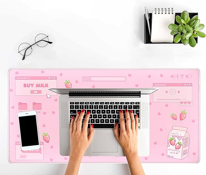 Pink Kawaii Anime Gaming Mouse Pad XXL, Strawberry Milk Mousepad Large, Aesthetic Laptop Keyboard Mats, Full Desk Mouse Mat for Women Girl 31.5X15.7 in
