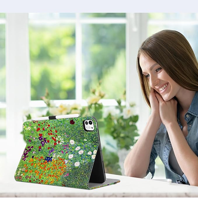 Vimorco for iPad Pro 13 Inch Case M5/M4 2025/2024, Flower for iPad Pro 13 Case M5/M4 for Girls Women, Pencil Holder/Hand Strap/Pocket, for iPad 13 Pro Cover Auto Wake/Sleep, Flowers Garden Floral