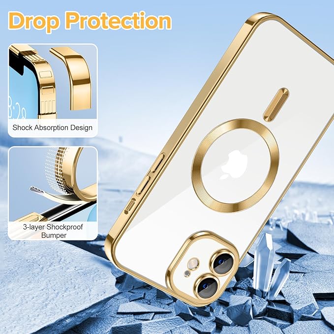 Hython Magnetic Clear for iPhone 11 Case with Camera Lens Protector [Compatible with MagSafe] Luxury Plating Edge Slim Soft TPU Cover Protective Phone Case for iPhone 11 6.1", Gold