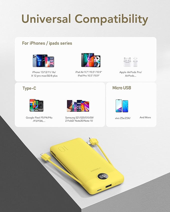 VEGER Portable Charger with Built-in AC Plug and Cables, All in One 10000mAh Ultra Slim Power Bank Travel Essentials, Fast Charging Battery Pack Compatible with iPhone, Samsung, Android (Yellow)