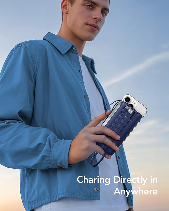 VRURC Portable Charger for iPhone, USB C Power Bank 10000mAh, Slim Travel Battery Pack Built in Cables & Lanyard, 5 Output 2 Input Portable Phone Charger for iPhone 17 16 15 14 13, Samsung-Navy