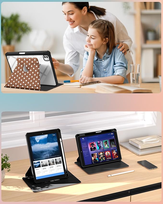 Uppuppy for iPad Pro M4/M5 Case 11 inch - 360 Degree Rotating Stand Folio Smart Cover with Pencil Holder for Women Girls, Brown Polka for iPad Pro 11 inch Case 2024 M4/2025 M5