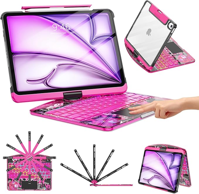 TSQQST Clear Wireless Keyboard Case for iPad Air 13 Inch (M4/M3/M2, 2026/2025/2024)/ iPad Pro 12.9" (6th/5th/4th/3rd Gen), 7-Color Backlit, Pencil Holder & Multi-Touch Trackpad, 360 Rotatable, Pink