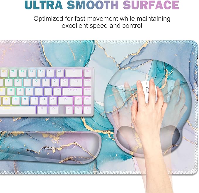 ToLuLu Desk Mat, XXL Large Mouse Pad Wrist Support Set，4 in1 Gaming Mousepad Desk Pad+ Ergonomic Mouse Pad with Wrist Rest + Keyboard Wrist Rest+Coaster for Home Office Computer, Blue Glitter Marble