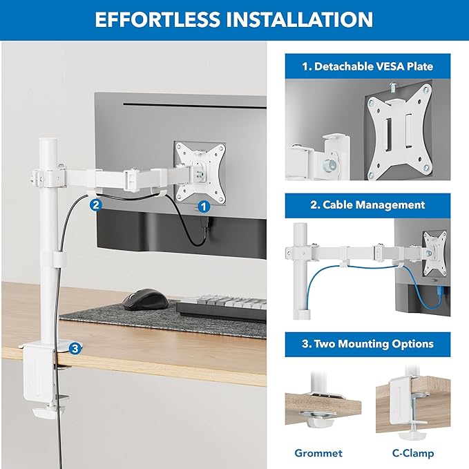 Mount-It! Single Monitor Arm 17" to 32", Full Motion Adjustment with Tilt, Rotation, Swivel, Height Adjustment Along Pole, Clamp or Grommet Mounting, Monitor Desk Mount VESA 75x75 and 100x100, White