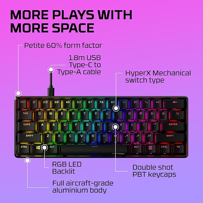 HyperX Alloy Origins 60 - Mechanical Gaming Keyboard - Ultra Compact 60% Form Factor - Tactile Aqua Switch - Double Shot PBT Keycaps - RGB LED Backlit - NGENUITY Software Compatible,Black
